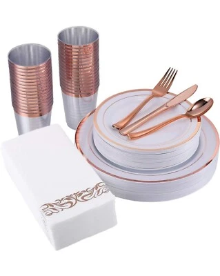 175 Pieces Rose Gold Plastic Dinnerware - Disposable Rim Plates For Service  - Image 1 of 4