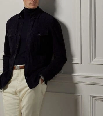 NEW Men's Navy Blue Suede Shirt 100% Pure Lambskin Fashion Wear suede shirt - Image 1 of 4