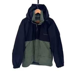 Timberland Weathergear Ski Jacket Medium Green Black Nylon Hood Pockets Gorpcore - Picture 1 of 12