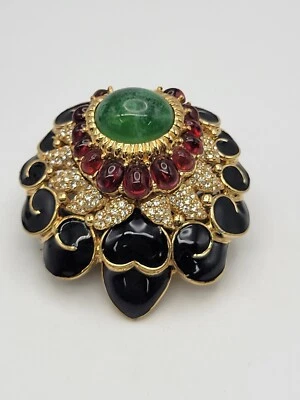 Broche prendedor grande vintage CINER esmalte negro verde granate Gripoix vidrio cabujón Foto 1 de 4