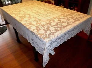 74 x 58 POINT DE VENISE Antique TABLECLOTH Off White EMBROIDERED Cotton Lace - Picture 1 of 13