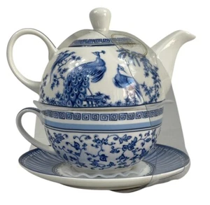 GRACE TEAWARE Tea For One Fine Porcelain Peacocks Blue White Cup Saucer Pot New - Picture 1 of 12