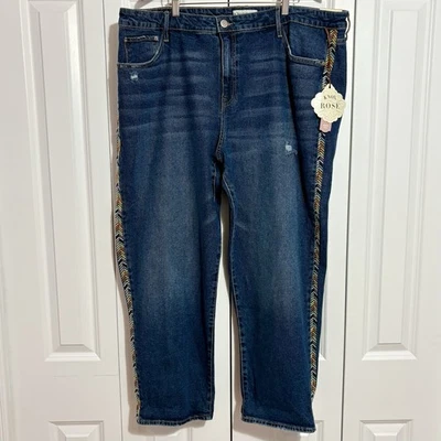 Pantalones de mezclilla Knox Rose para mujer 20 W azules recortados bordados laterales boho artísticos informales nuevos con etiquetas Foto 1 de 4