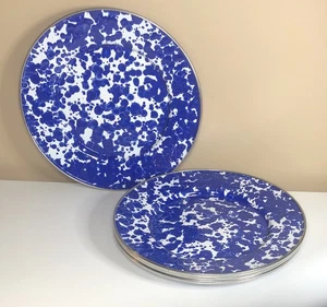 Set 4 GOLDEN RABBIT Enamelware 8.5" Blue Splatter SANDWICH / SALAD PLATES - Picture 1 of 12