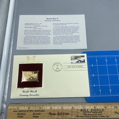 World War II 22kt Gold Stamps First Day of Issue 32 Cent GERMANY SURRENDERS - Image 1 of 4