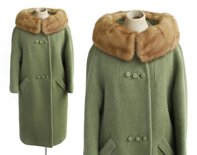 Vintage 50s 60s Blonde Mink Fur Collar Green Nubby Textured Wool Dress Coat M-L - Image 1 of 4