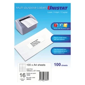 UNISTAT Laser Inkjet & Copier Labels 105 x 37mm 16 Labels/Sheet 1600 Labels/Pk - Bild 1 von 2