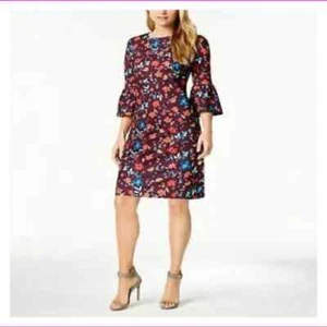 Calvin Klein Aubergine Floral Print Bell Sleeve Sheath Dress Size 10 - Picture 1 of 3