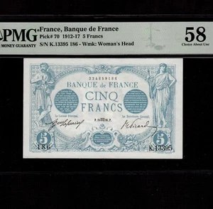 Francia 5 franchi 1916 P-70 * PMG AU 58 * senza fori di spillo * - Foto 1 di 2