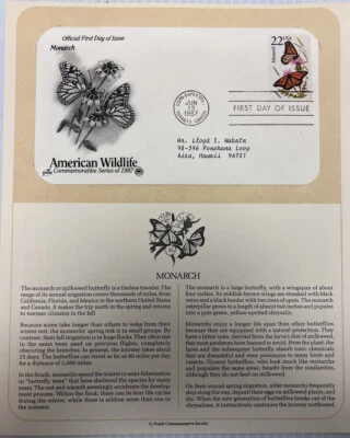 American Wildlife Mail Cover FDC & Info Sheet Monarch Butterfly 1987 - Image 1 of 3