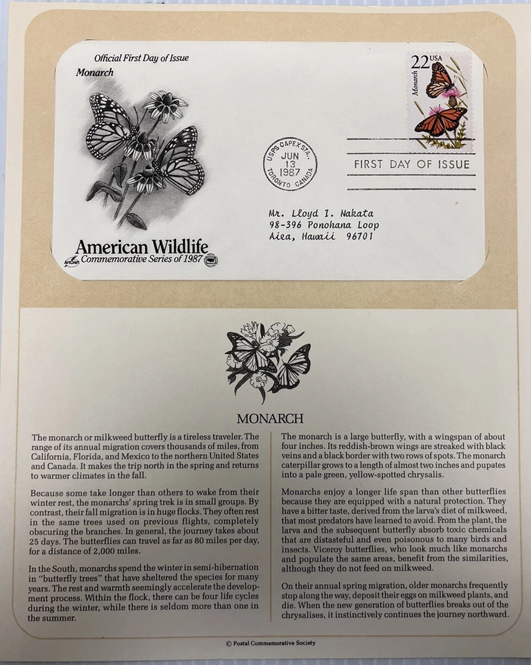 American Wildlife Mail Cover FDC & Info Sheet Monarch Butterfly 1987 - Image 1 of 3