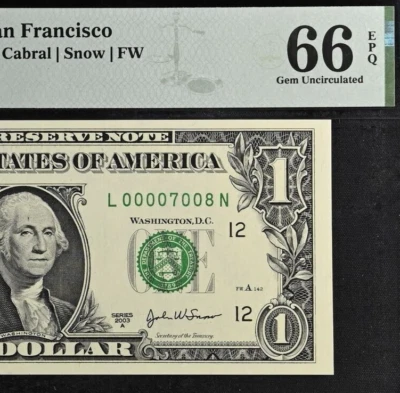 2003A $1 Federal Reserve Note PMG 66EPQ - Birthday Low Serial Number 00007008 - Image 1 of 3