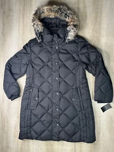 London Fog Womens Coat Black PL Quilt Puffer Faux Fur Hood Diamond Jacket - Picture 1 of 6