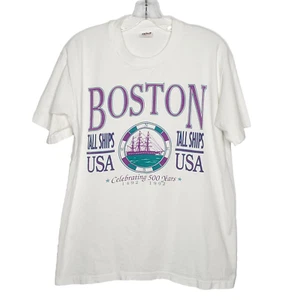 Vintage Boston Tall Ships T Shirt Sz L 500 Years 1992 White Purple Nautical - Picture 1 of 6