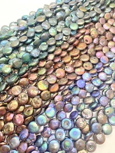 Fresh Water Coin Pearls Approx. 12-15mm 16in. Strands Peacock/Green/Purple - Picture 1 of 4