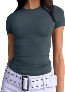 Womens Y2K Short Sleeve Crop Top Stretch Tee Scoop Neck Summer T Shirt 2025 - Picture 1 of 87