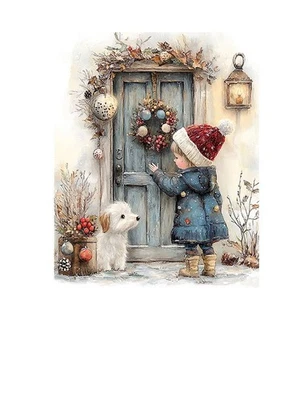 16x20 Girl and Dog at Christmas Door Wall Art Canvas Print - Image 1 of 4