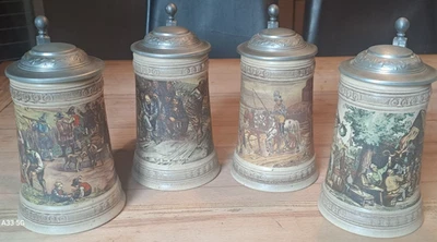 Bierkrug Set, 4 Stück, Keramik, mit Zinndeckel mit Mittelalter Motiven - Bild 1 von 4