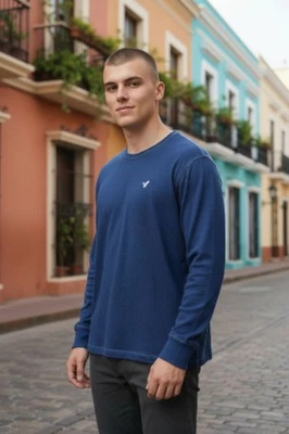 American Eagle Mens Blue Long Sleeve Tshirt Size L Vintage Y2K Style Soft Cotton - Image 1 of 4