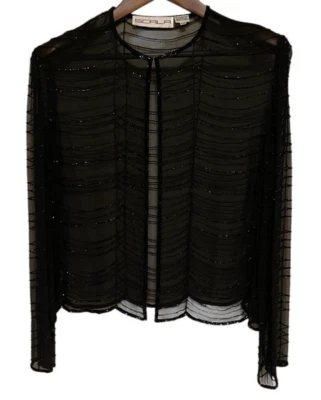Chaqueta abierta vintage Scala con cuentas negra 100 % seda noche formal talla XXL Foto 1 de 4