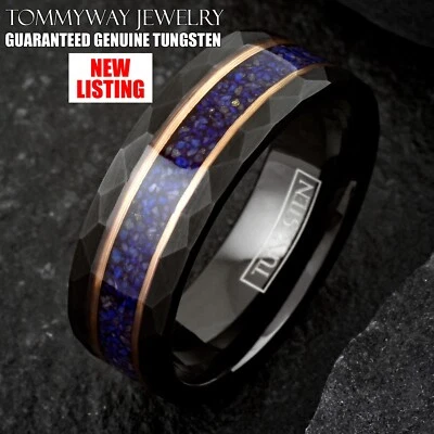 Black Tungsten Carbide Blue Lapis Lazuli Rose Gold Plated Wedding Band Ring - Image 1 of 4