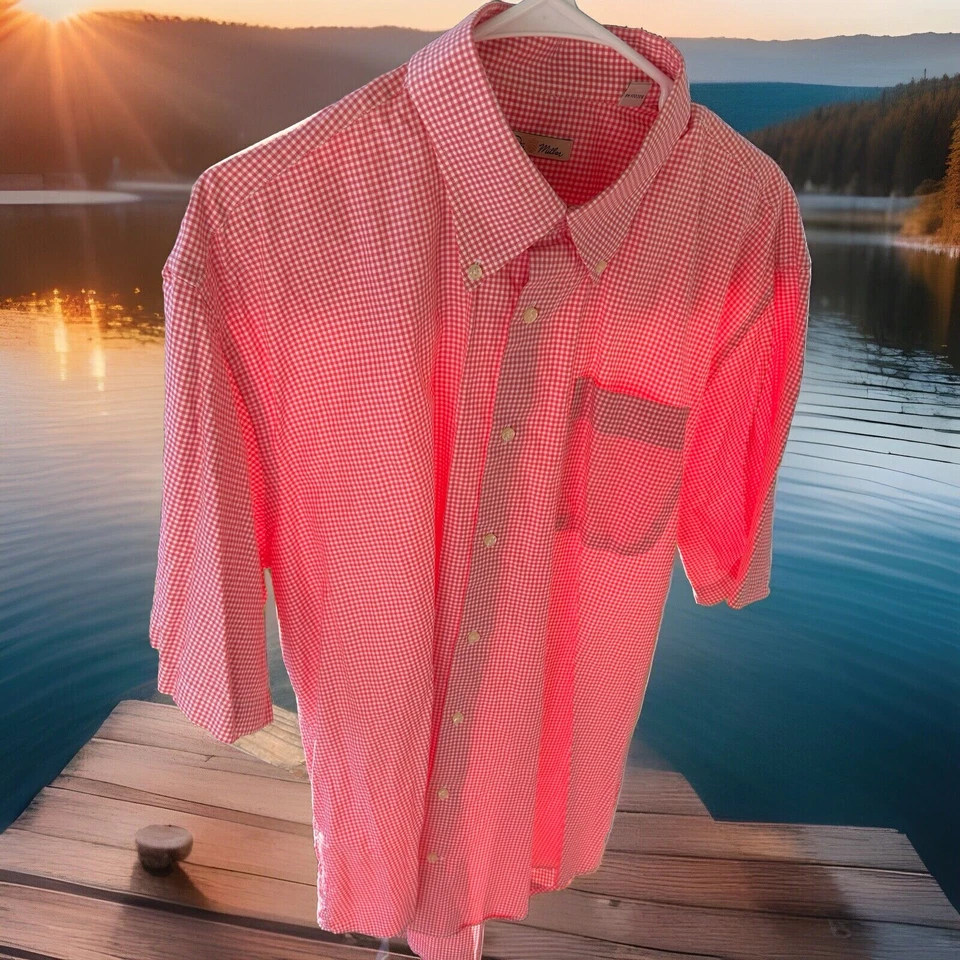 Peter Millar Men-XL Short Sleeve Button Down Dress Shirt Check Salmon Cotton - Image 1 of 4