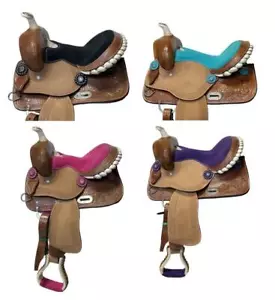 Western Mini Pony Show Barrel Saddle 10" 12"- Teal/Tur Black Pink Red Suede Seat - Picture 1 of 4