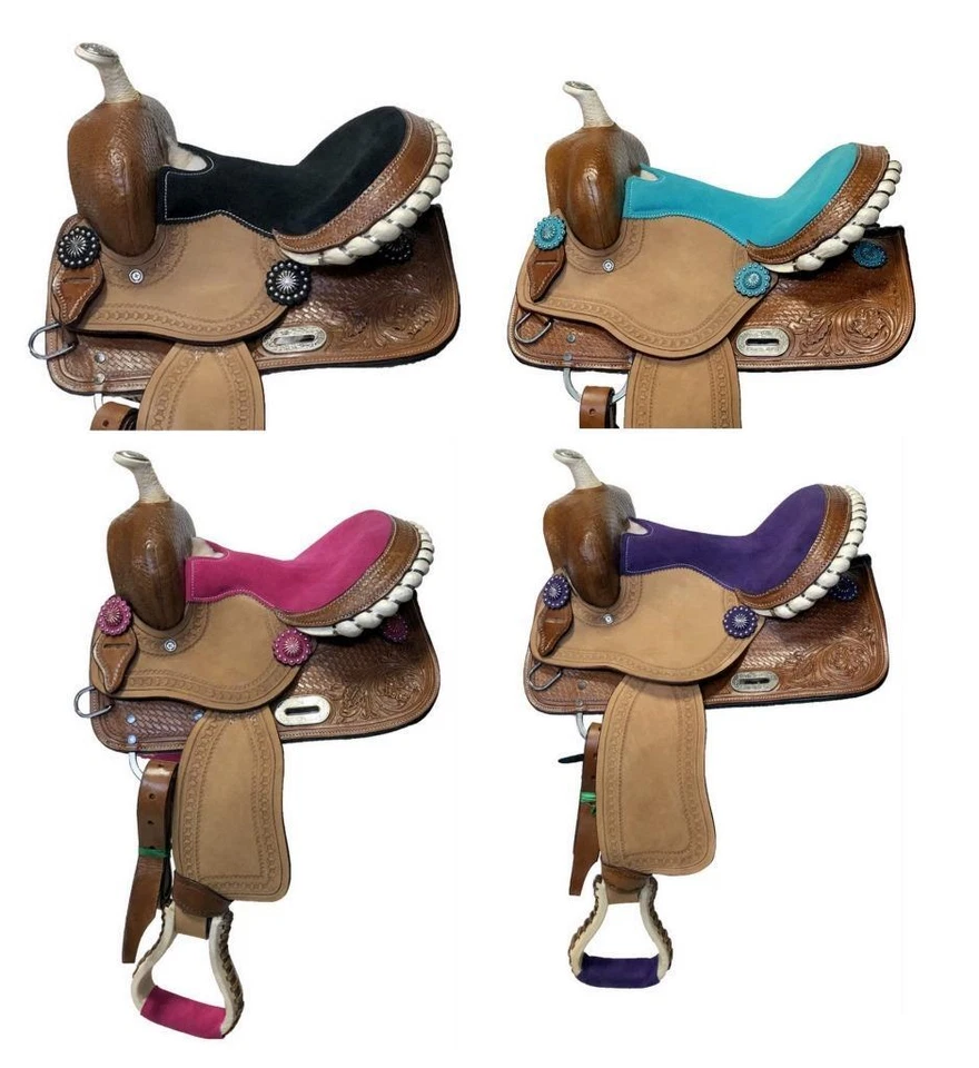 Sillín Western Mini Pony Show Barrel 10" 12"- verde azulado/tur negro rosa rojo asiento de gamuza Foto 1 de 1