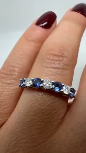 PLATINUM HALF ETERNITY BLUE SAPPHIRES AND DIAMONDS RING 0.75CT GG288 - Picture 1 of 23