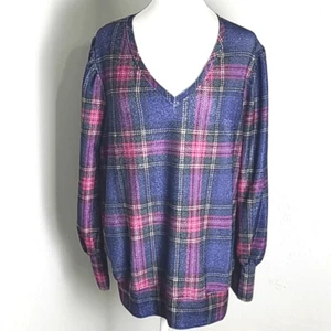 Top de manga larga a cuadros azul y rosa Cato, brillo metálico brillante, talla 14/16W nuevo con etiquetas - Imagen 1 de 10