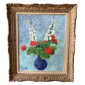Myriam JAFE Vase Rosen Ölgemälde auf Leinwand signiert gerahmt Delphinien - Bild 1 von 19