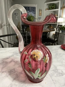 Fenton Art Glass Pansies on Cranberry Pitcher Hand Painted Signed 10 1/2 " - Picture 1 of 5