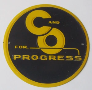 C&O FOR PROGRESS Railroad Cereal Premium Metal Railroad Sign VG CONDITION - Picture 1 of 2