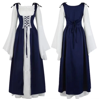 Vestido de disfraces medieval talla grande con cordones, maxi vestido renacentista manga acampanada Foto 1 de 4