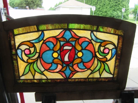 ~ ANTIQUE STAINED GLASS TRANSOM WINDOW ADDRESS # 7 ~ 32 X 19.75 ~ SALVAGE Cover