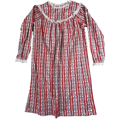 Lanz Nightgown Girls M 7/8 Red White Tyrolean Floral Fleece Eyelet Lace - Image 1 of 4