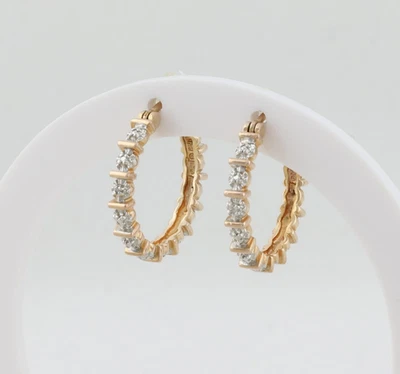 18k Gold Over Sterling Silver Hoop Earrings Tiny Diamond Accents 1" Hoops - Image 1 of 4