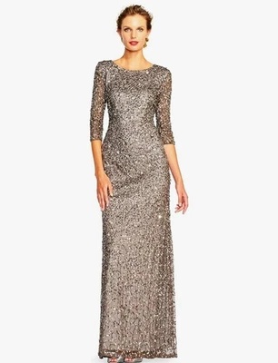 Vestido de sirena Adrianna Papell manga 3/4 lentejuelas línea A hasta el suelo - Talla 6, gris Foto 1 de 4