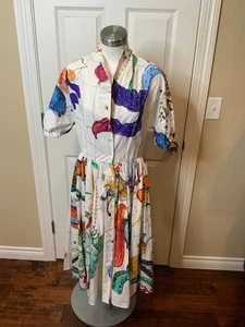 Stella Jean White Zoo Animal Print Short Sleeve Midi Shirt Dress, Size 10 | 44 - Picture 1 of 9