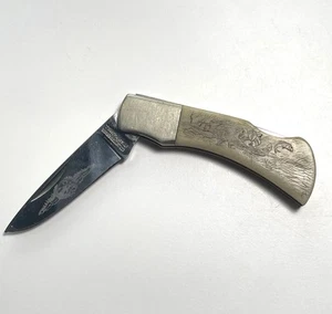 VTG Sam McDowell Knife Scrimshaw On Bone Beaver Fishing In The River Early Work - Picture 1 of 13