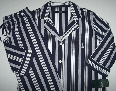 Новый с Ярлыками Ralph Lauren 100% хлопок вязаный темно-синий/белый полоски Капри пижамы комплект женщин M - Изображение 1 из 4