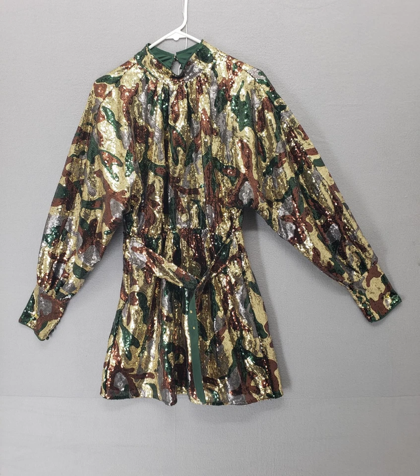 ASOS Dress Women 8 Gold Sequin Metallic Camo Mini Long Sleeve Party Chic Cocktai - Image 1 of 4