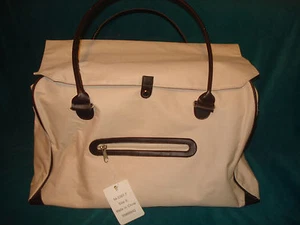 Large Beige /Brown Leather Look Trim Canvas Zippered Duffle Travel Bag Suitcase  - Picture 1 of 12
