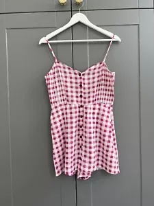 ZARA Pink Gingham Checked Buttoned Linen Playsuit Jumpsuit Dress S - Picture 1 of 6