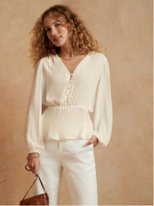 Banana Republic Button Front Peplum Blouse Size M Long Sleeve Cream/Ivory RT$60 - Picture 1 of 11