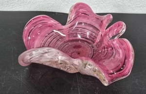 6.75" Murano Studio Art Glass Ridged Wavy Edge Bowl Pink/White Stripe w/ Bubbles - Picture 1 of 9