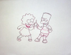 Simpsons 1990s Series Production Hand Drawn LISA & BART Model Cel Layout - Imagen 1 de 2
