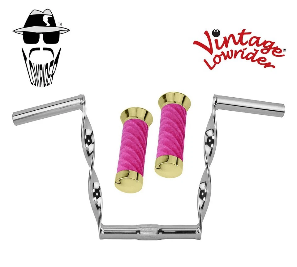 Manillar trenzado plano cromado Lowrider 9" de colección 25,4 mm y empuñaduras de terciopelo rosa remolino. Foto 1 de 1