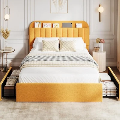 Cama plataforma tapizada con marco de cama de tamaño completo amarillo con cabecero y 2 cajones Foto 1 de 4