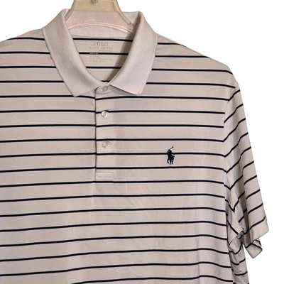 Camisa polo masculina Ralph Lauren Performance golfe listrada branca azul marinho GG - Imagem 1 de 4